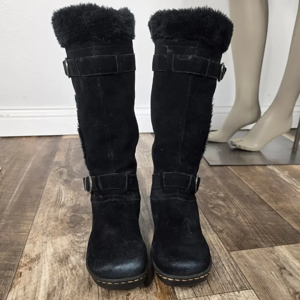BareTraps Wedge Faux Fur Tall Boots Size 9M Cauchy Black Suede Buckles